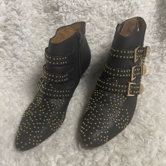 Jeffrey Campbell Starburst leather Black Studded Ankle Boots with Buckles SZ8.5 - Picture 2 of 13
